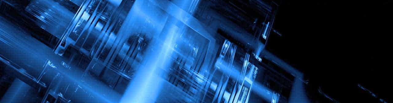 McCollisters Abstract digital art featuring overlapping translucent blue rectangles and lines on a dark background, evoking the dynamic energy of IT Services and creating a sense of depth and motion with glowing light effects.
