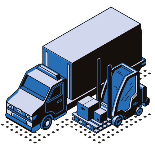 An illustration of a truck parked next to a forklift, which is lifting a pallet with boxes. The scene suggests a loading or unloading process in a simplified, isometric style.