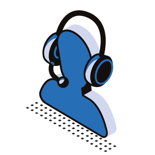 Isometric illustration of a blue person-shaped figure wearing a headset with a microphone, representing customer support or call center assistance.