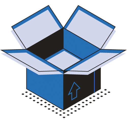 A blue and black open cardboard box with flaps spread out, featuring an upward arrow symbol on the side. The box sits on a dotted, shadowed surface.