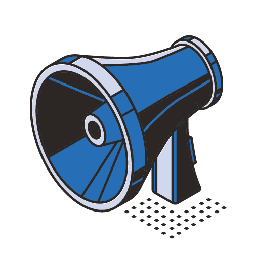 An illustration of a megaphone. The image uses blue and black colors in a simple, isometric style.