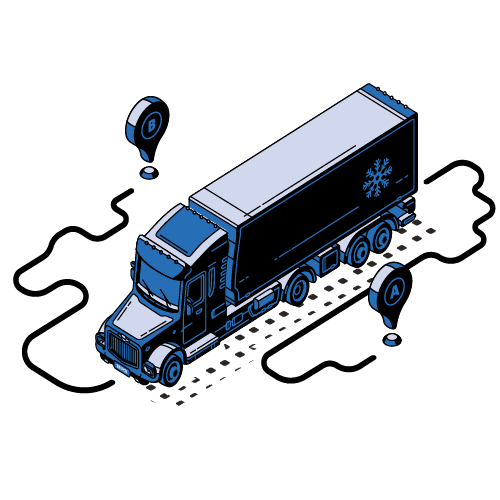 Illustration of a refrigerated semi-truck traveling between two locations, with winding roads connecting them. A large snowflake is displayed on the side of the truck.