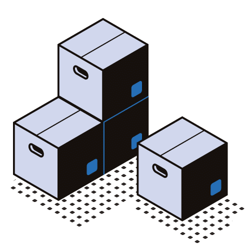 Isometric illustration of three stacked cardboard boxes and one in front with handles and blue labels, arranged on a dotted surface, viewed from above on a light background.