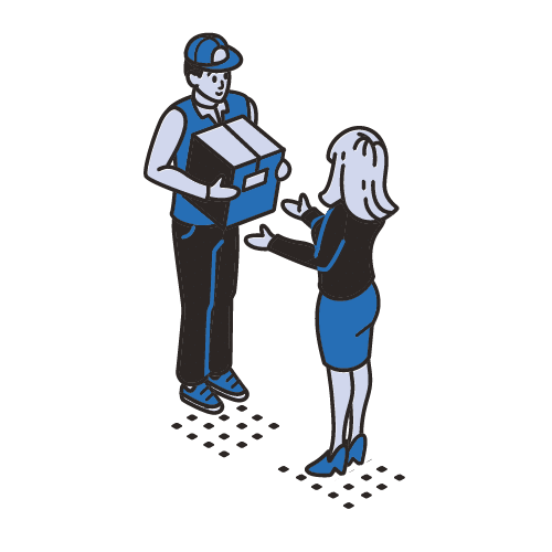 Illustration of a male uniformed delivery person handing off a box to a female customer—evoking the care and consideration behind final-mile and white-glove service. The color scheme is blue and white.
